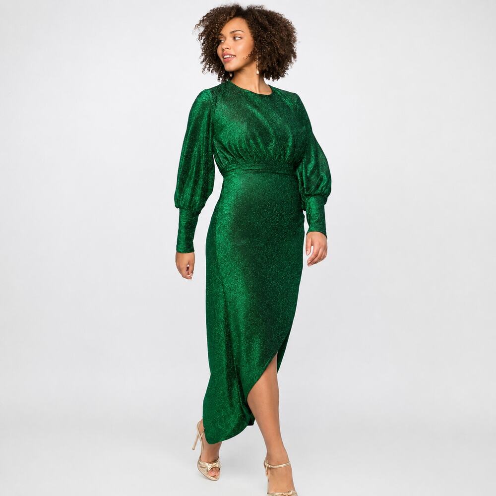 Eloquii Emerald Green Metallic Lurex Tulip Hem High Low Dress Size 20 NWT